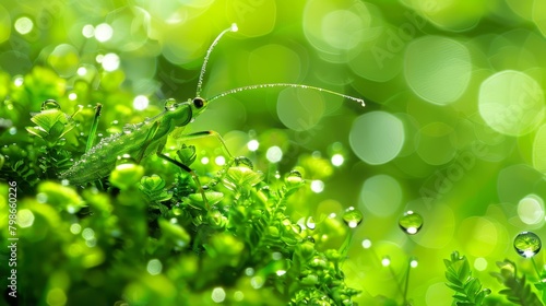  A tight shot of a lush green plant, adorned with water droplets on its leaves Foreground features grass