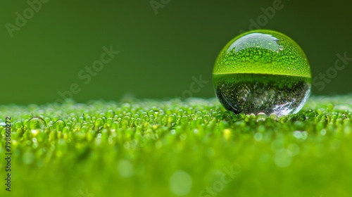  A drop of water atop a lush green field, grass surface dotted with individual drops