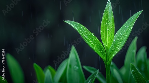   A tight shot of a green plant  its leaves dotted with water droplets  against a softly blurred backdrop