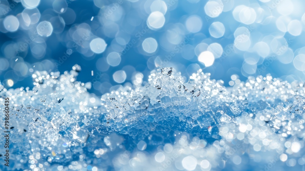 A tight shot of water droplets on a blue surface, illuminated by a beam of light from above A tight shot of water droplets on a blue surface, illuminated by a beam of light from above