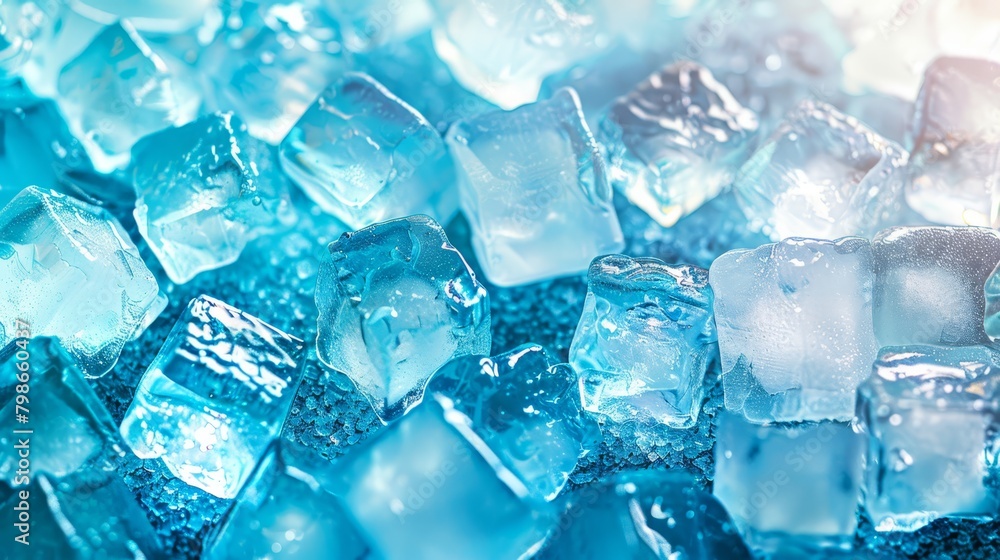 A pile of ice cubes atop two lower piles, both filled with blue and white cubes A pile of ice cubes atop two lower piles, both filled with blue and white cubes