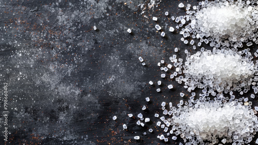 Two piles of sugar, each atop a separate table Two piles of sugar, each atop a separate table