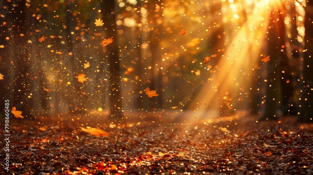 A autumnal scene of falling leaves in the foreground, trees transfigured by golden sunlight filtering through their branches in the background A autumnal scene of falling leaves in the foreground, trees transfigured by golden sunlight filtering through their branches in the background