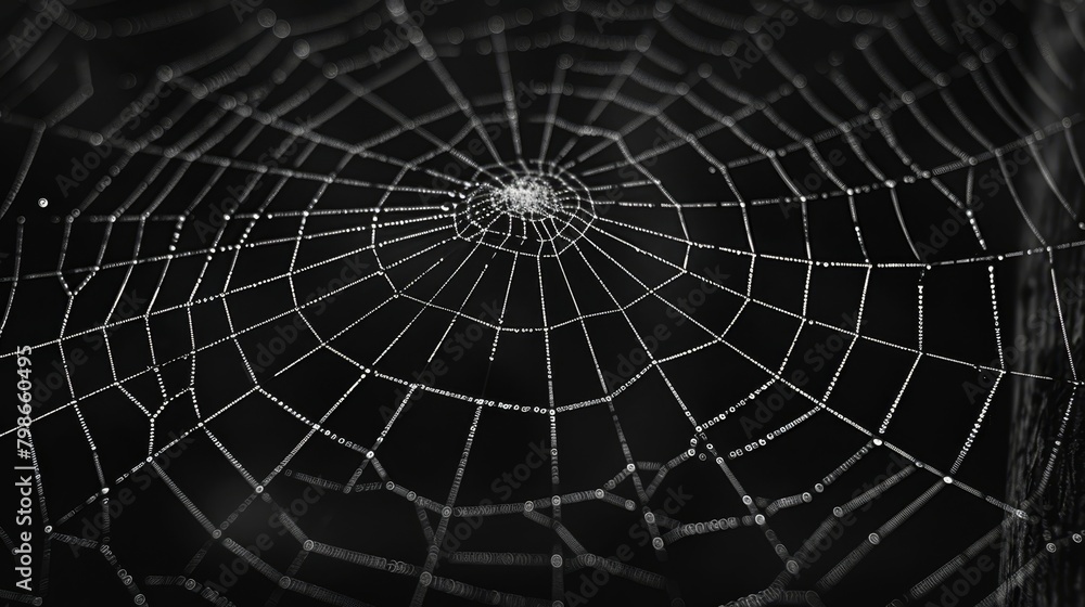  A tight shot of a black and white spider web adorned with dewdrops