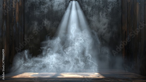   A dark room with a beaming light emerging from its central axis and wisps of smoke rising from the floor photo