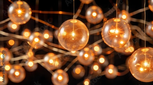  A tight shot of multiple lights suspended from the ceiling, connected by strings of lights in the background