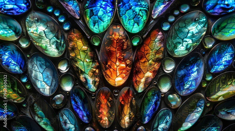 A tight shot of a stained glass window, adorned with water droplets clinging to its exterior and interior surfaces A tight shot of a stained glass window, adorned with water droplets clinging to its exterior and interior surfaces