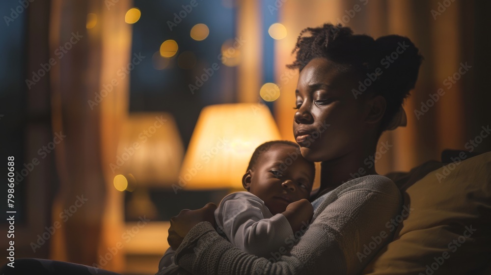 African-American Mother Embracing Baby in Cozy Evening Light African-American Mother Embracing Baby in Cozy Evening Light
