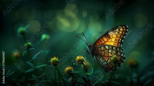  A tight shot of a butterfly atop a flower against a softly blurred backdrop of grass and blooms