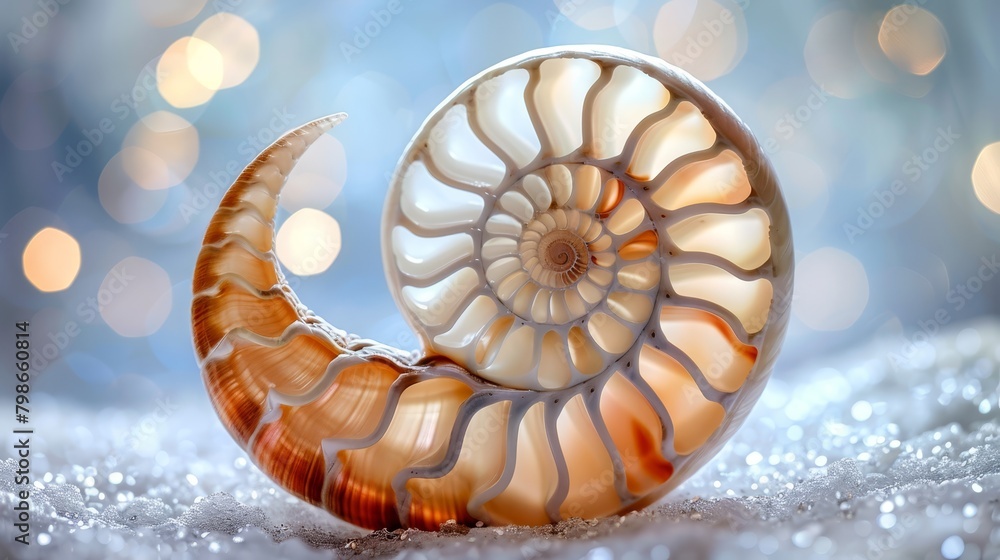 A tight shot of a snail shell on a snow-covered ground, surrounded by softly blurred lights in the background A tight shot of a snail shell on a snow-covered ground, surrounded by softly blurred lights in the background