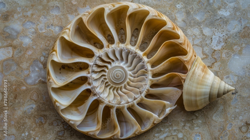 A close-up of a seashell on a marble surface with one shell inside another A close-up of a seashell on a marble surface with one shell inside another