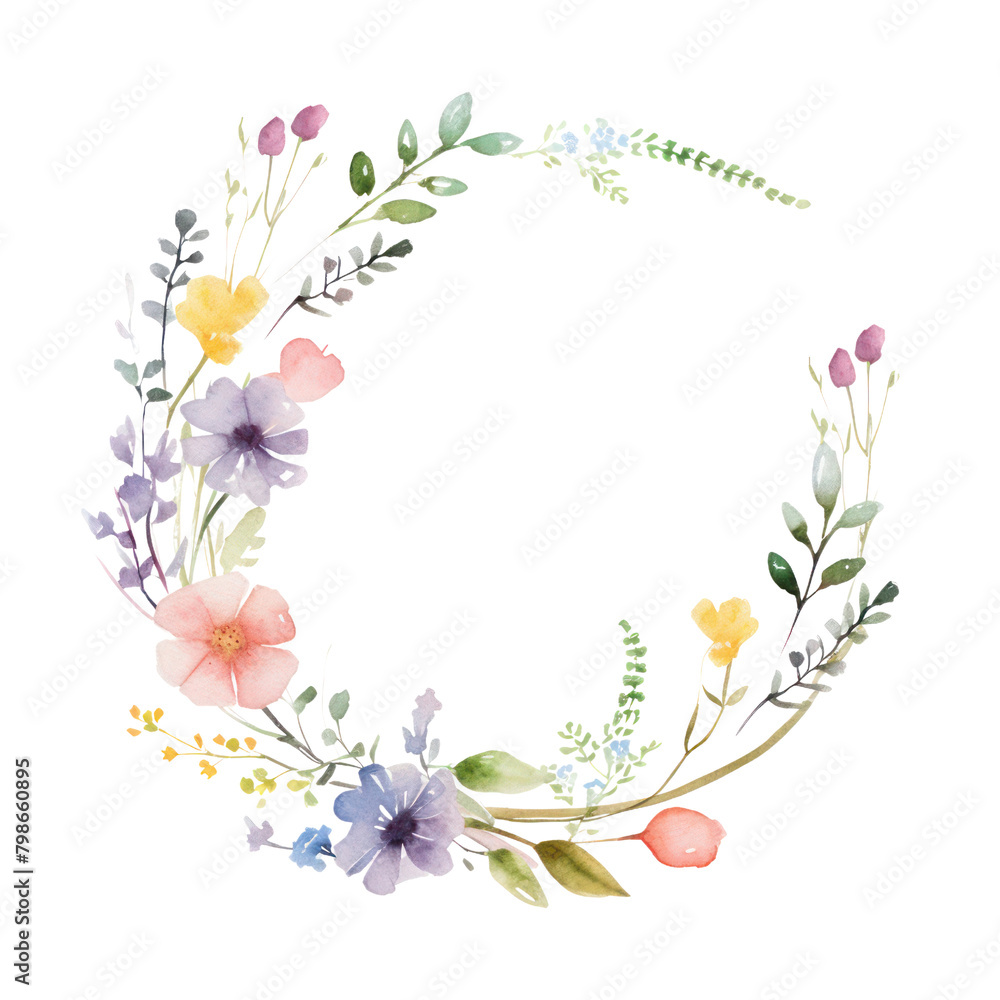 A watercolor painting of a wreath of flowers. The flowers are pink, purple, yellow, and blue. The wreath is on a transparent background.