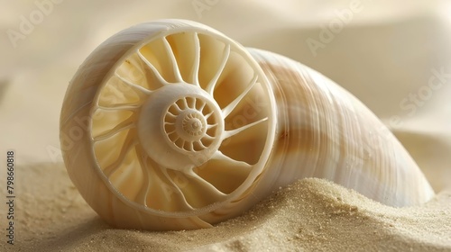  A tight shot of a seashell against a sandy backdrop, with grains in the foreground and background