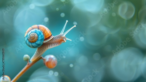   A tight shot of a snail perched atop a leafy plant, with dewdrops clinging to its hind end photo