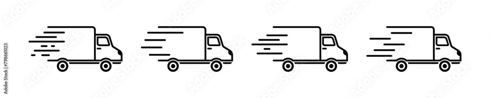 Set of linear fast delivery truck vector icons. Express delivery icons. Courier service. Speedy postal van. Set of linear fast delivery truck vector icons. Express delivery icons. Courier service. Speedy postal van.