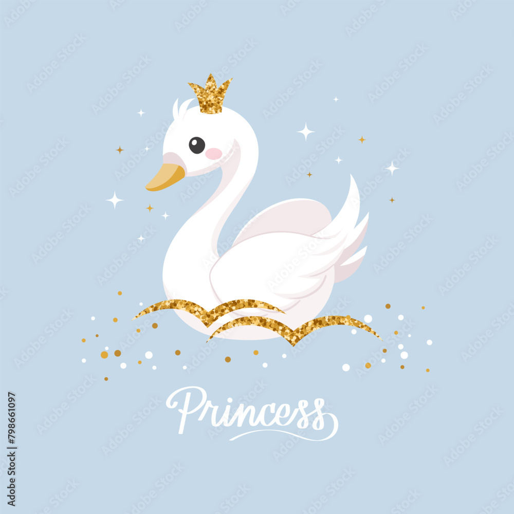 Fototapeta premium Little swan princess with a golden crown on a blue background. Cute illustration for fashion print, greeting cards, nursery bedroom decoration. Vector
