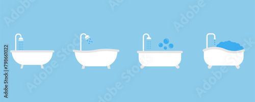 Set of colored bathtub vector icons. Bath with bubble and foam. Bathroom on blue background.