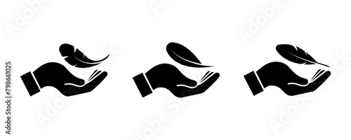 Set of lightweight vector icons. Bird feather in hand. Soft, ease or sensitive symbols. Vector 10 Eps.