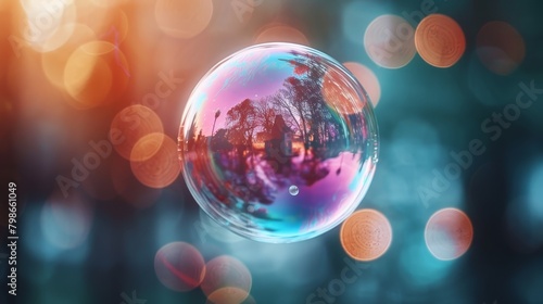   A soap bubble in sharp focus, with trees in the distance softly blurred, and lights brightly in focus in the foreground photo