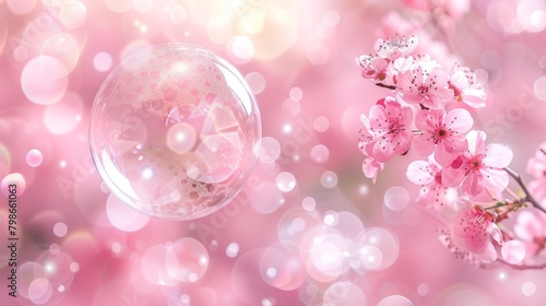  A tight shot of a bubble hovering above a flower on a tree branch, against a softly blurred backdrop