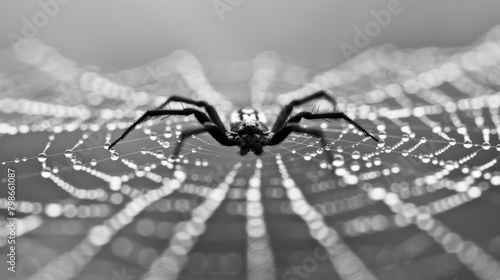  A monochrome image of a spider on its web with numerous bubbled background elements