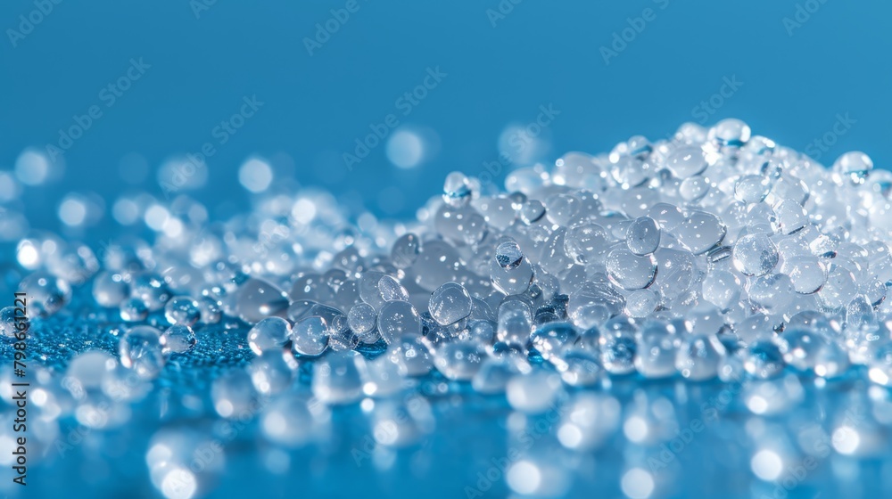 Two piles of water droplets on a blue counter top Two piles of water droplets on a blue counter top