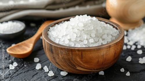  A wooden bowl filled with sea salt Nearby, a wooden spoon and separate bowl also hold sea salt Black surface background