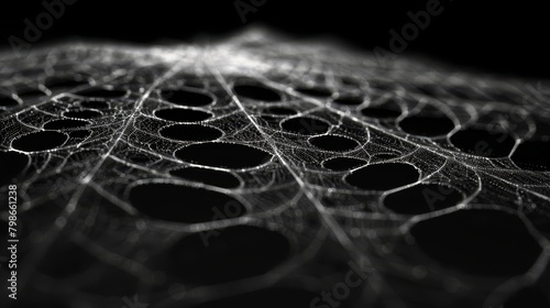   A tight shot of a monochrome image depicting a complex leaf structure, riddled with numerous holes photo