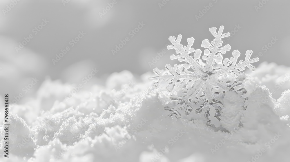 A monochrome image of a solitary snowflake atop a mound of snow, adorned with additional flakes A monochrome image of a solitary snowflake atop a mound of snow, adorned with additional flakes