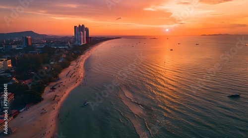 Stunning Aerial Panorama of Pattaya Beach at Captivating Sunset with Glowing Orange Hues over