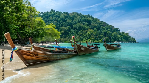 Tranquil Thai Boats Docked at Scenic Coastal Getaway with Lush Green Hills © pkproject
