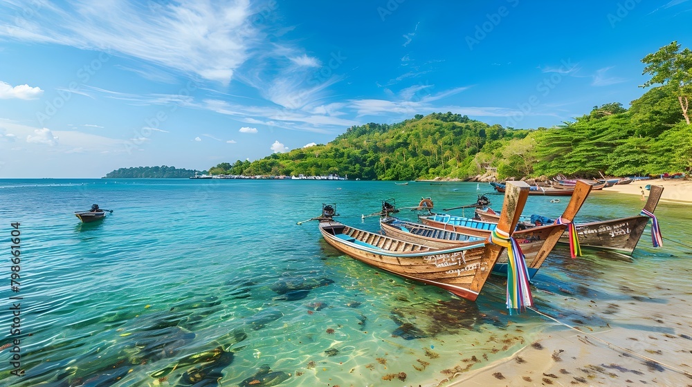 Picturesque Thai Traditional Boats Lining the Serene Turquoise Waters of Pattaya Beach with Lush