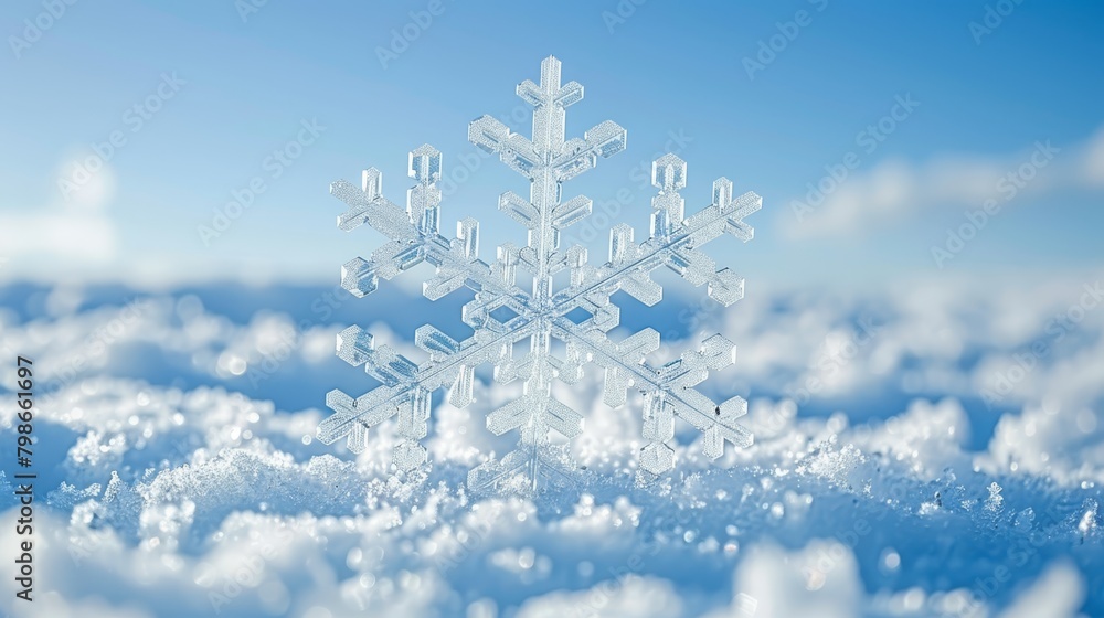 A solitary snowflake floats against a backdrop of blue sky, surrounded by smaller white flakes in the foreground A solitary snowflake floats against a backdrop of blue sky, surrounded by smaller white flakes in the foreground