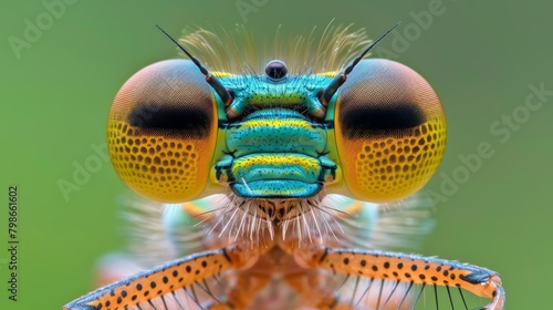  A detailed shot of a blue-yellow insect's head and legs, featuring green-yellow stripes encircling its eyes