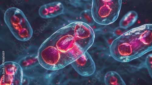 A dynamic background illustrating the process of mitosis, with chromosomes dividing and replicating within a cell.