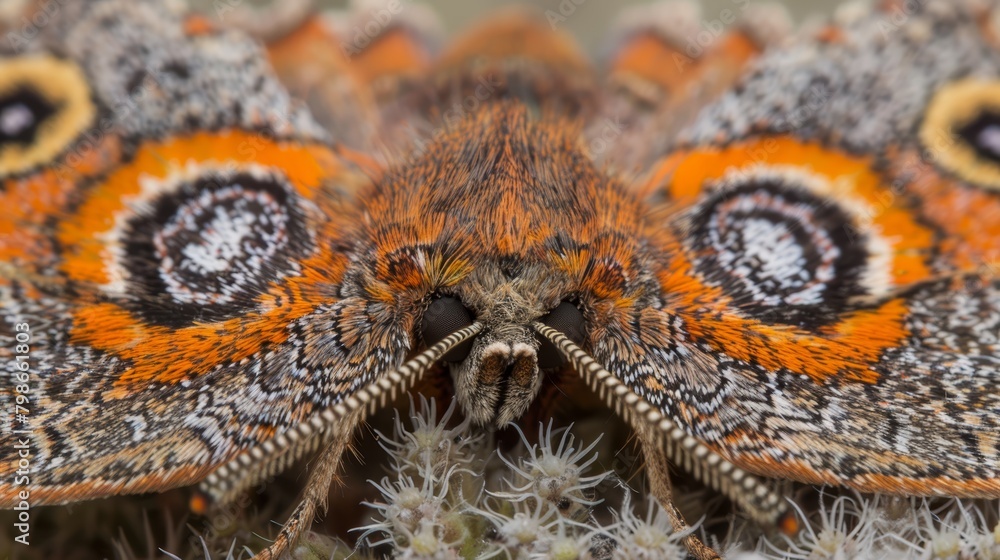 A tight shot of an orange and black butterfly perched on a plant, adorned with numerous white blooms before it A tight shot of an orange and black butterfly perched on a plant, adorned with numerous white blooms before it