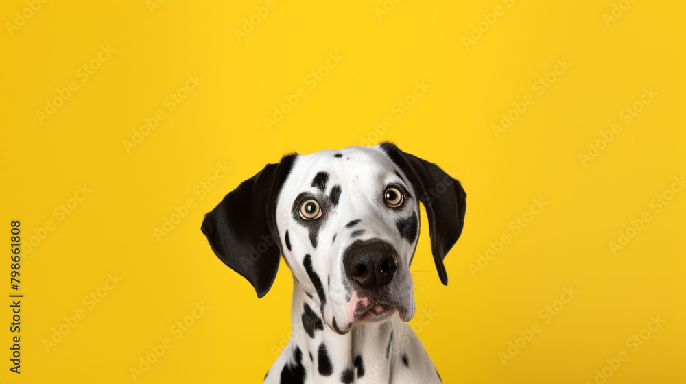 Portrait of a Dalmatian with a surprised expression, looking into the camera isolated a yellow background, generative AI