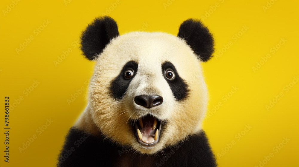 Portrait of a panda with a surprised expression, looking into the camera isolated a yellow background, generative AI
Portrait of a panda with a surprised expression, looking into the camera isolated a yellow background, generative AI