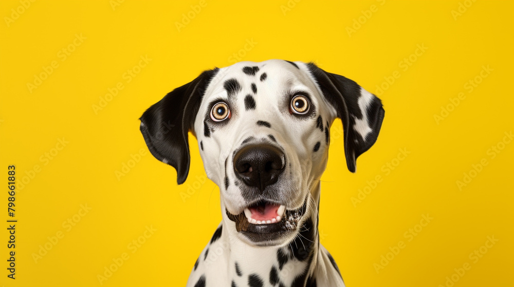 Portrait of a Dalmatian with a surprised expression, looking into the camera isolated a yellow background, generative AI Portrait of a Dalmatian with a surprised expression, looking into the camera isolated a yellow background, generative AI
