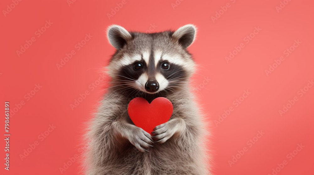 raccoon holding a red heart on isolated pastel color background, vibrant, eye-catching, playfulness and fun, generative AI raccoon holding a red heart on isolated pastel color background, vibrant, eye-catching, playfulness and fun, generative AI
