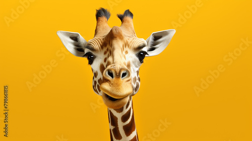 Portrait of a giraffe with a surprised expression  looking into the camera isolated a yellow background  generative AI