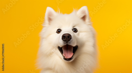Portrait of a Samoyed with a surprised expression, looking into the camera isolated a yellow background, generative AI