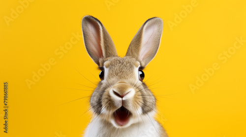 Portrait of a bunny with a surprised expression, looking into the camera isolated a yellow background, generative AI © Andrii