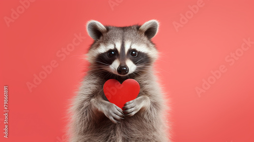 raccoon holding a red heart on isolated pastel color background, vibrant, eye-catching, playfulness and fun, generative AI © Andrii
