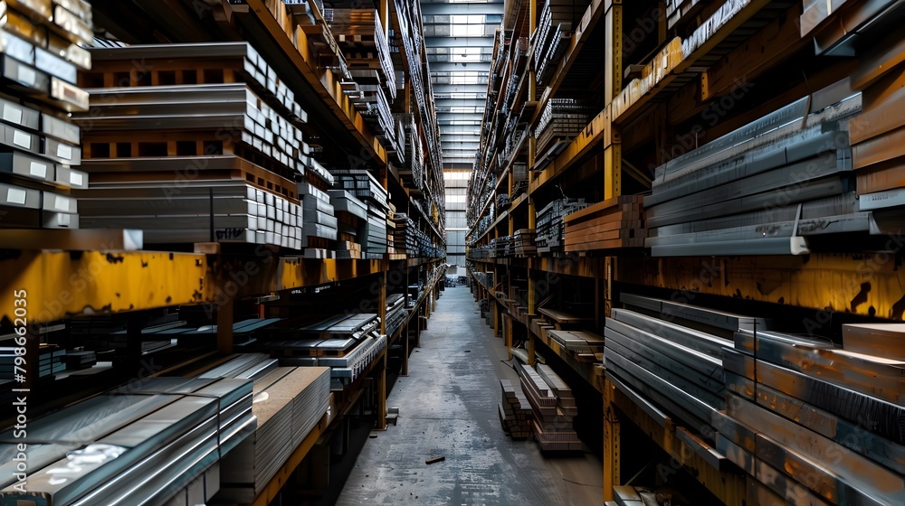 Vast warehouse interior with towering steel shelves and aisles full of industrial supplies and Vast warehouse interior with towering steel shelves and aisles full of industrial supplies and