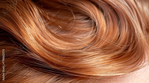   A close-up of a woman s long  wavy hair with red and blonde highlights