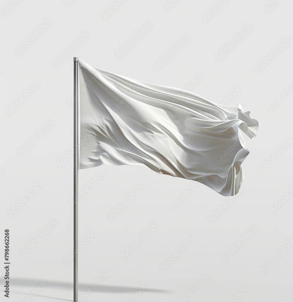   A white flag fluttering atop a flagpole against a pristine white backdrop, casting a shadow onto the ground