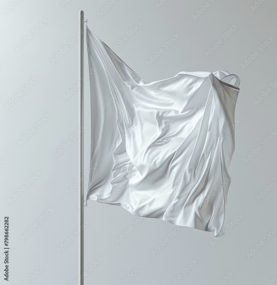   A white flag wavering in the wind against a white sky behind the flagpole