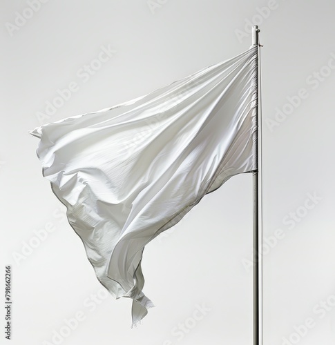  A white flag flapping in the wind against a white backdrop of the sky