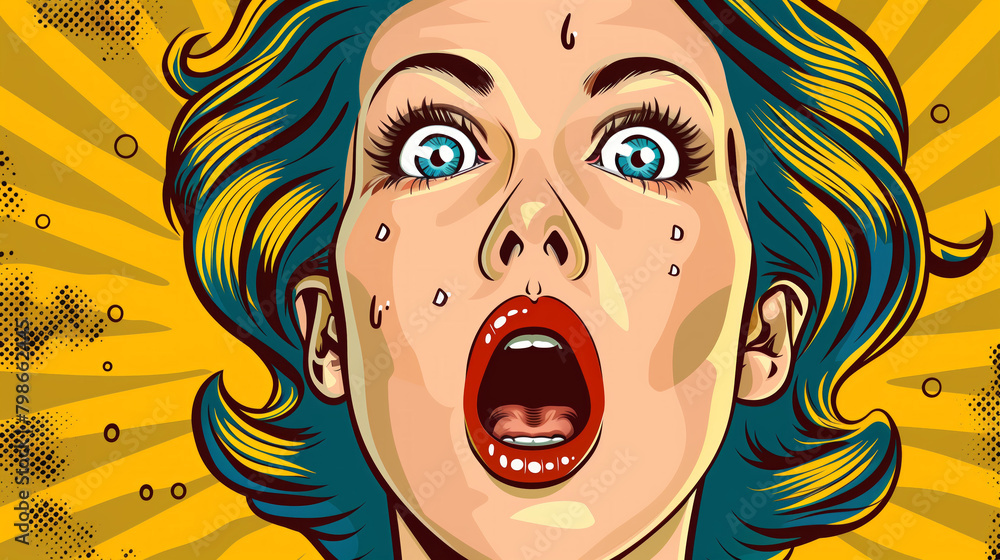 A woman with blue eyes and red lips is screaming. The image is a representation of a woman with a big, open mouth. Surprised woman face in pop art style
